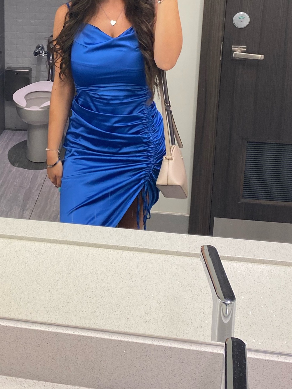 Missguided Blue Satin Cowl Ruched Side Midi Dress - Picture 3 of 5